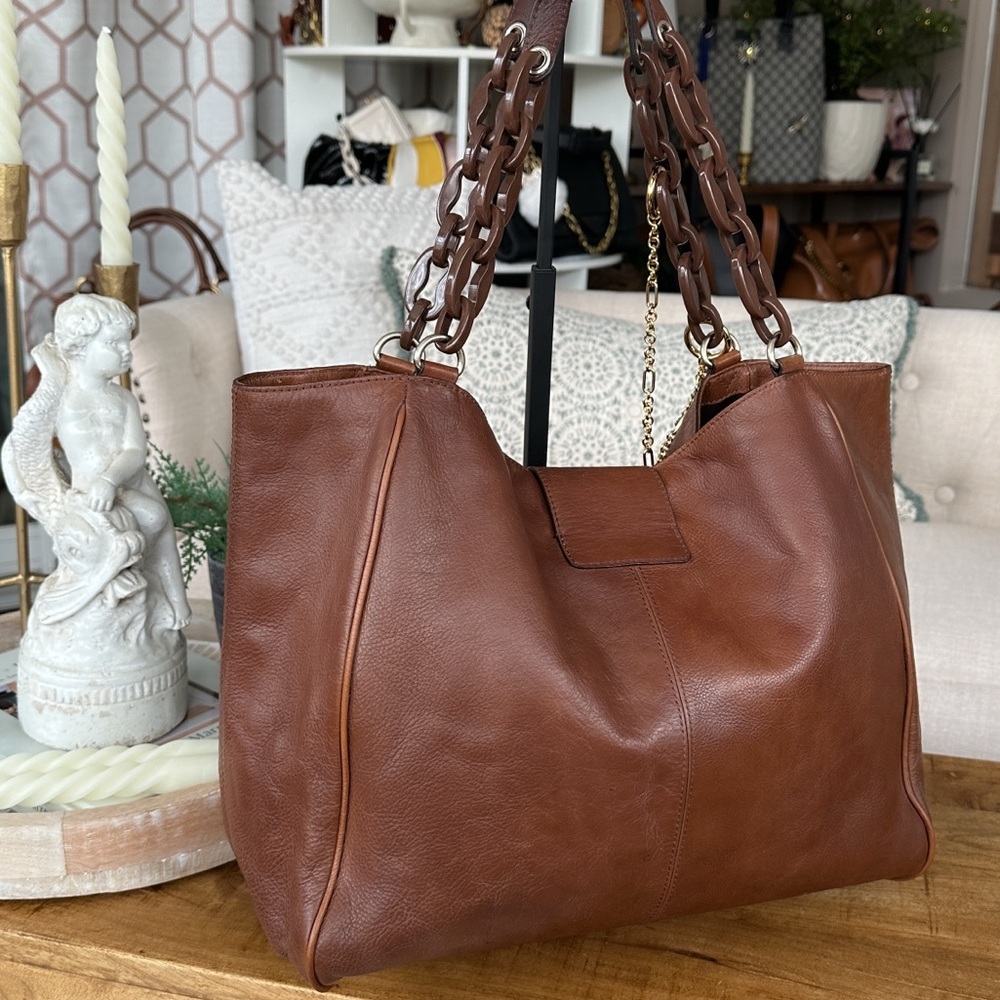 Vintage Banana Republic Jumbo Brown Leather Buckle & Chain Hobo Bag - Picture 12 of 15